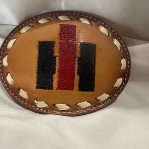 Vintage Tan Leather Belt Buckle with International Harvester Logo